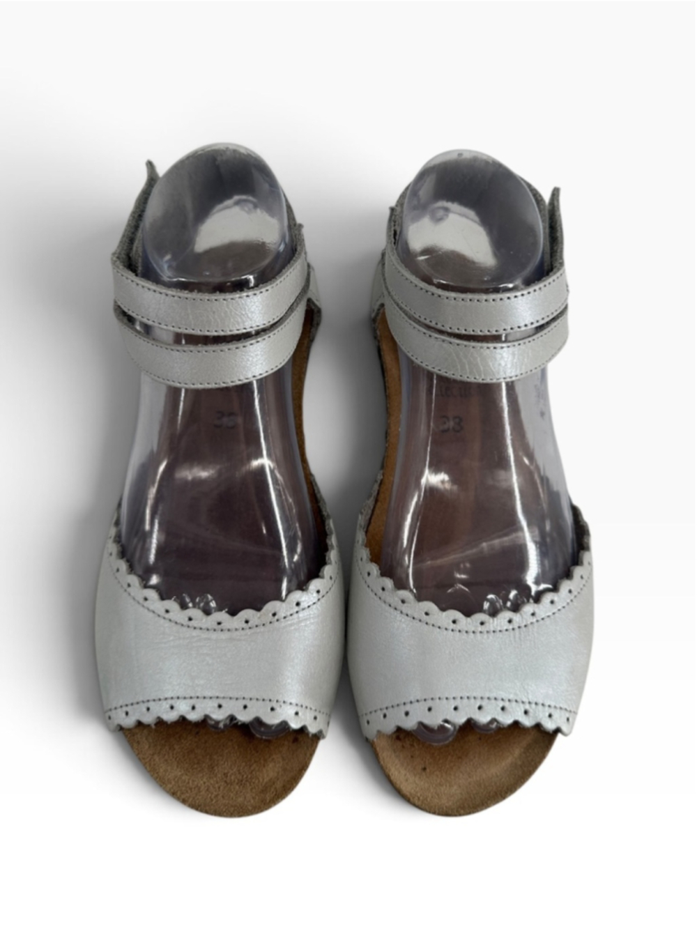 Miz Mooz mini wedge sandals scalloped grey sheen leather Barcelona collection